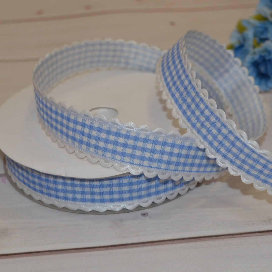 

Тканевая лента голубая клетка с кружевным ободком 2 см (за м), Голубой