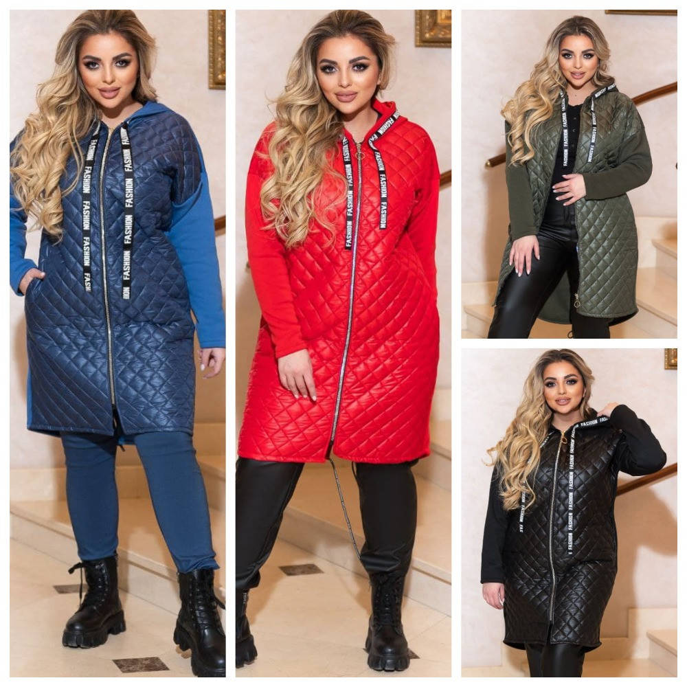 

Женское комбинированное пальто плащевка и трехнить на флисе осень-весна батальные размеры 52/54, красный