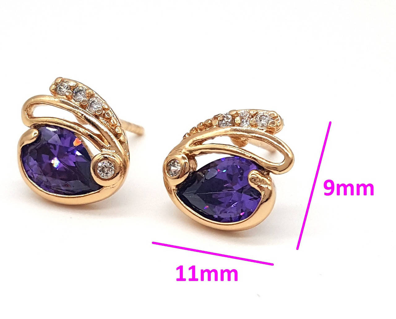 

Серьги гвоздики, Зайчик, фиолетовый цирконий, позолота Xuping, 18К