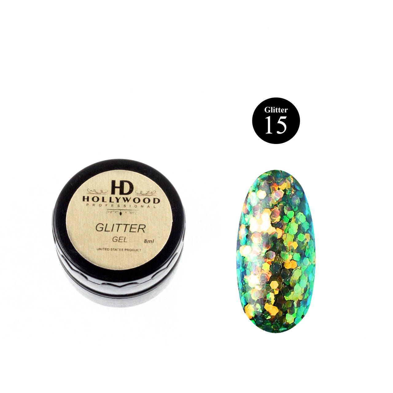 

Гель лак Зелёный Глиттер гель 15 HD Hollywood 8 ml