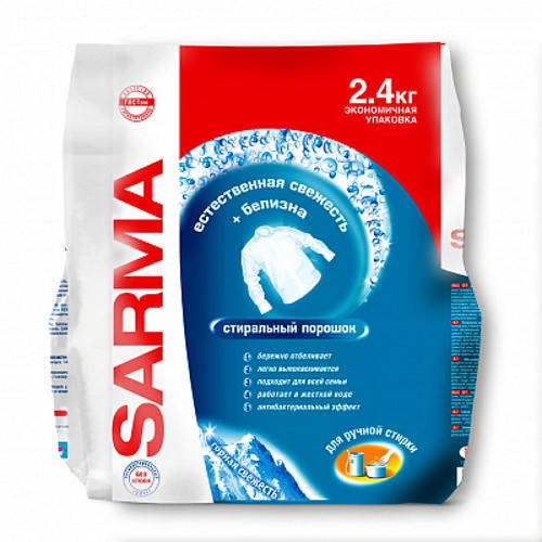 

Sarma отбеливающий порошок для ручной стирки Горная свежесть, 2.4 кг.