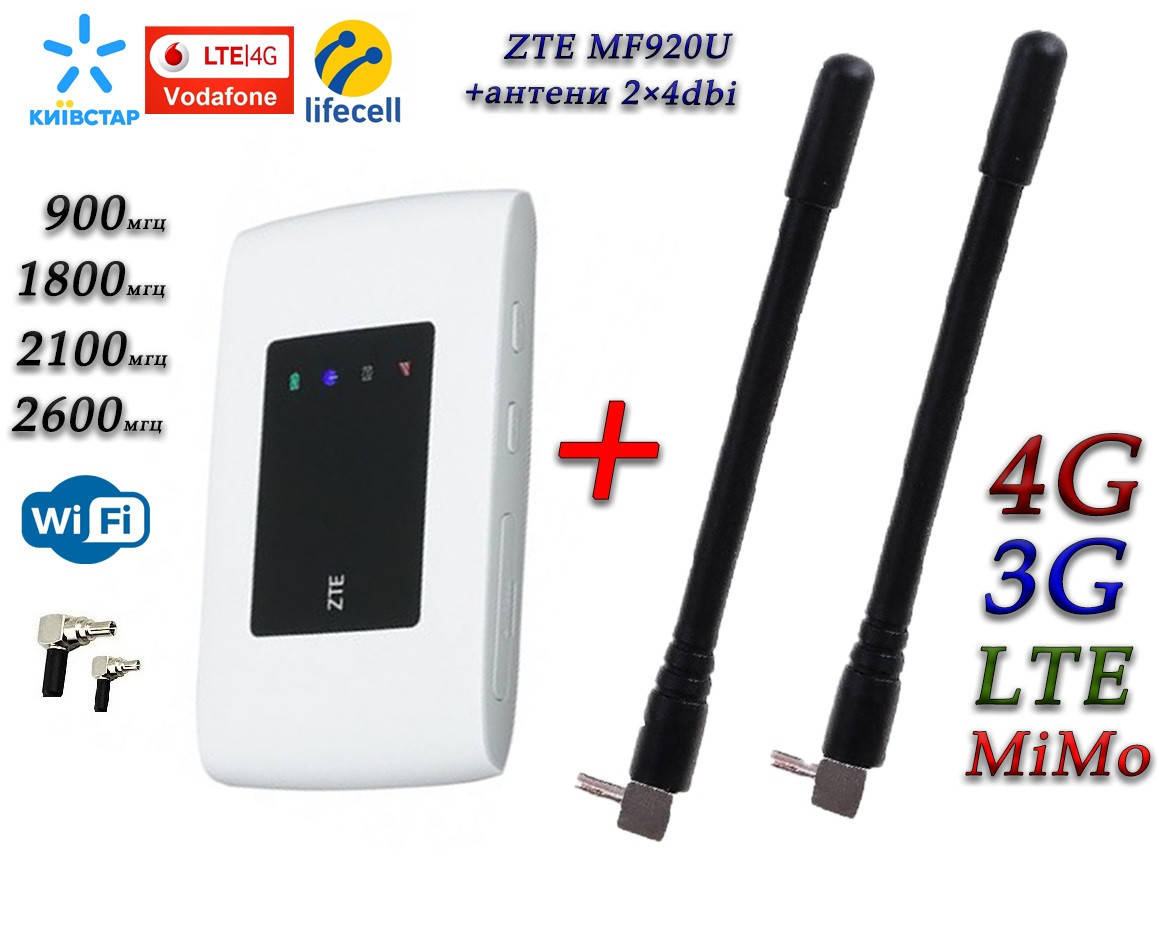 

Мобильный модем 4G-LTE/3G WiFi Роутер ZTE MF920u + 2 антенны 4G(LTE) по 4 db