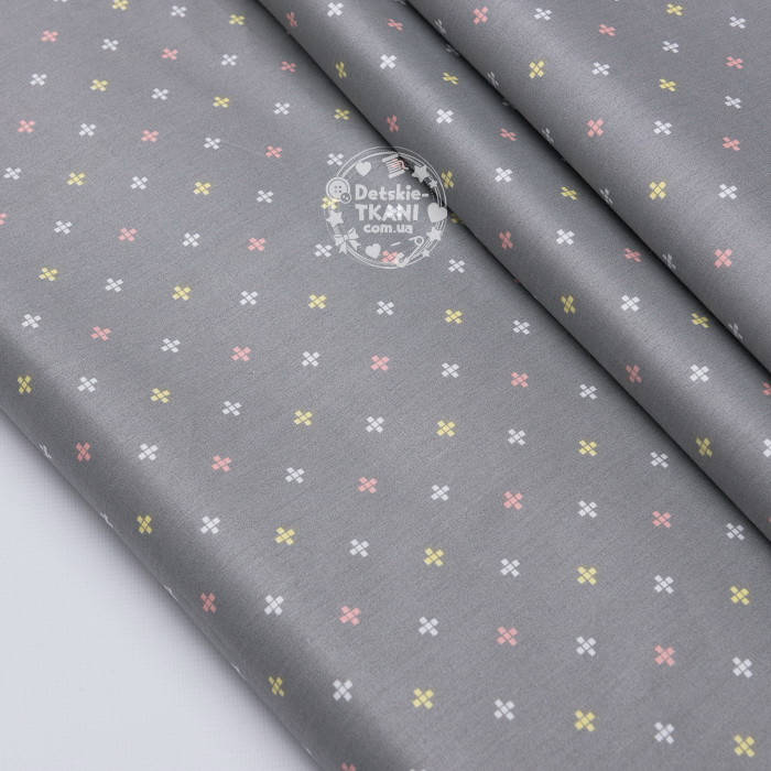 

Сатин ткань с розовыми, жёлтыми и белыми крестиками на сером, №3687с, Разные цвета