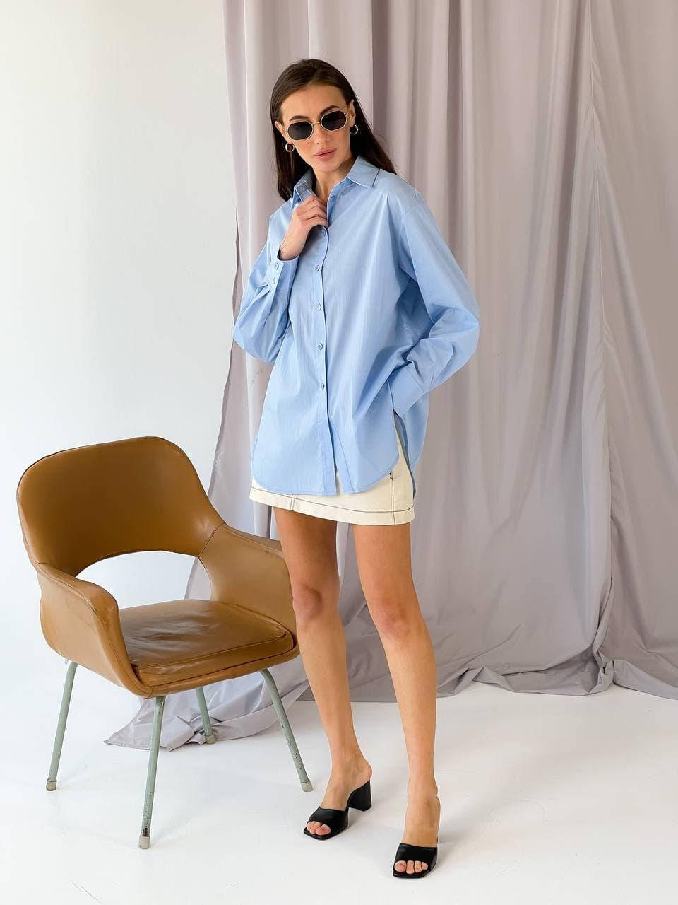 

Белая рубашка женская базовая однотонная(розовый, голубой, бирюзовый, белый),поплин, размер: 42-46, Разные цвета