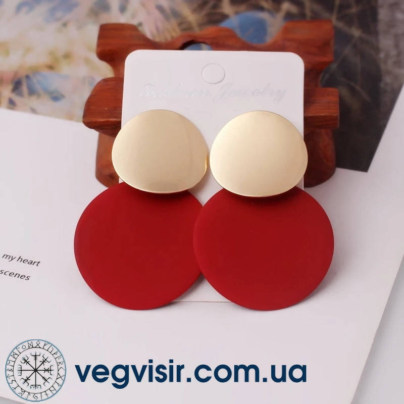 

Изысканные круглые серьги-монетки красные сережки стильные металлические вечерние