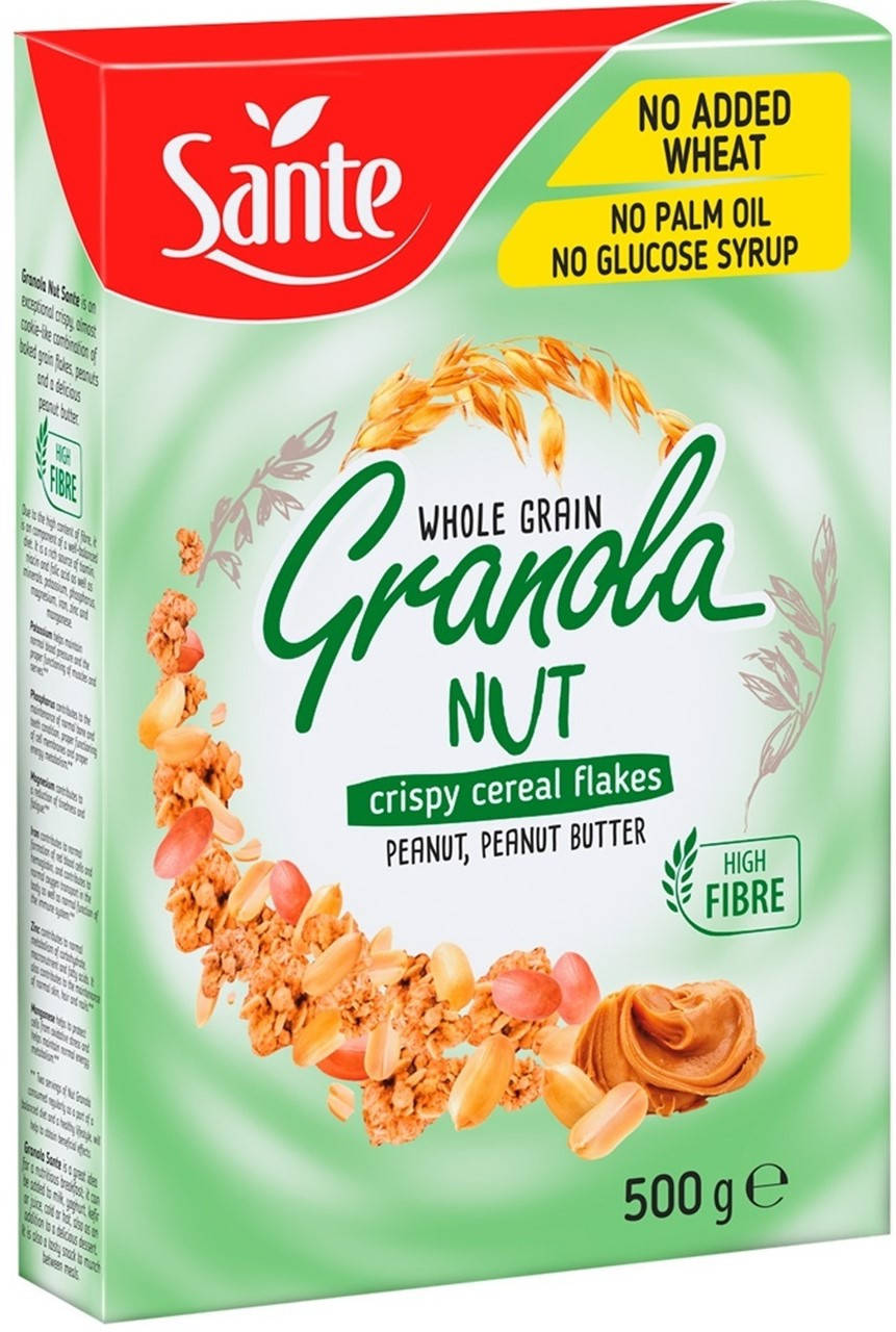 

Сухие завтраки гранола ореховая Sante Granola, 500г, мюсли с арахисом и арахисовой пастой, кранчи