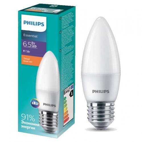 

Лампа светодиодная 6.5W E27 4000K PHILIPS LED B35 свеча
