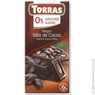 

Шоколад без сахара и глютена Torras черный с дробленным какао Испания 75г