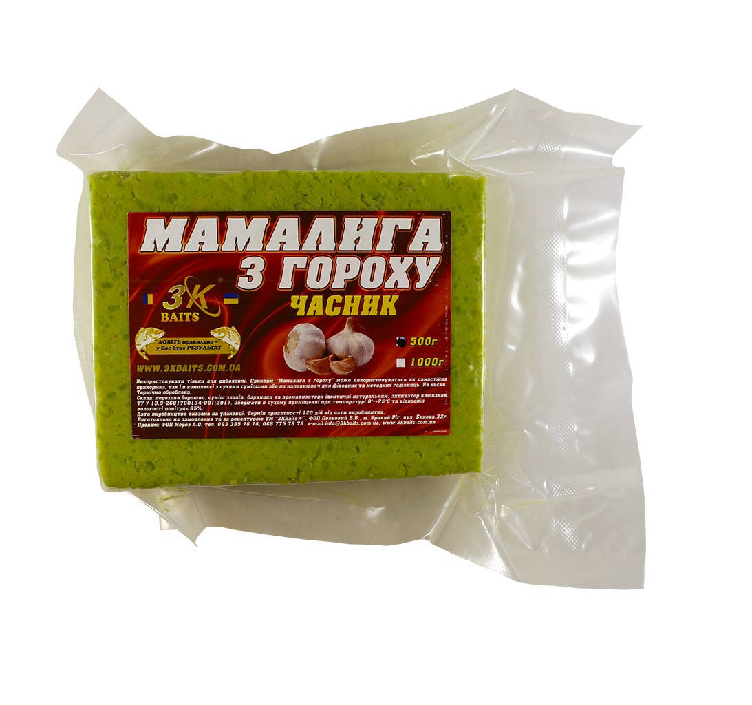 

Прикормка Мамалыга из гороха Чеснок 500 грамм