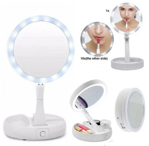 

Круглое косметическое зеркало с LED подсветкой 10X My Fold Away Mirror для макияжа увеличительное складное -, Белый