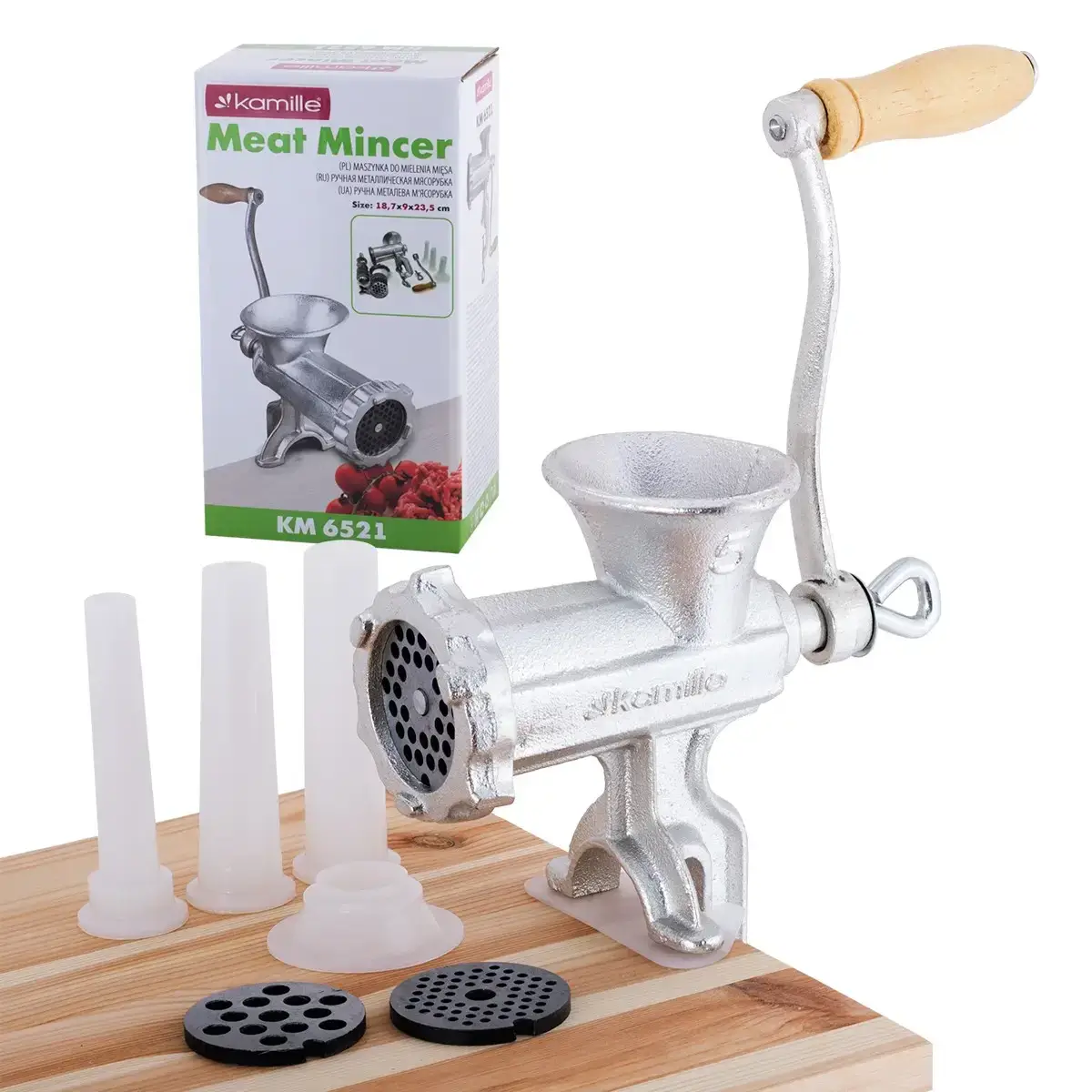 

Мясорубка ручная металлическая с 3мя насадками Kamille 15,5х9х25см KM-6521