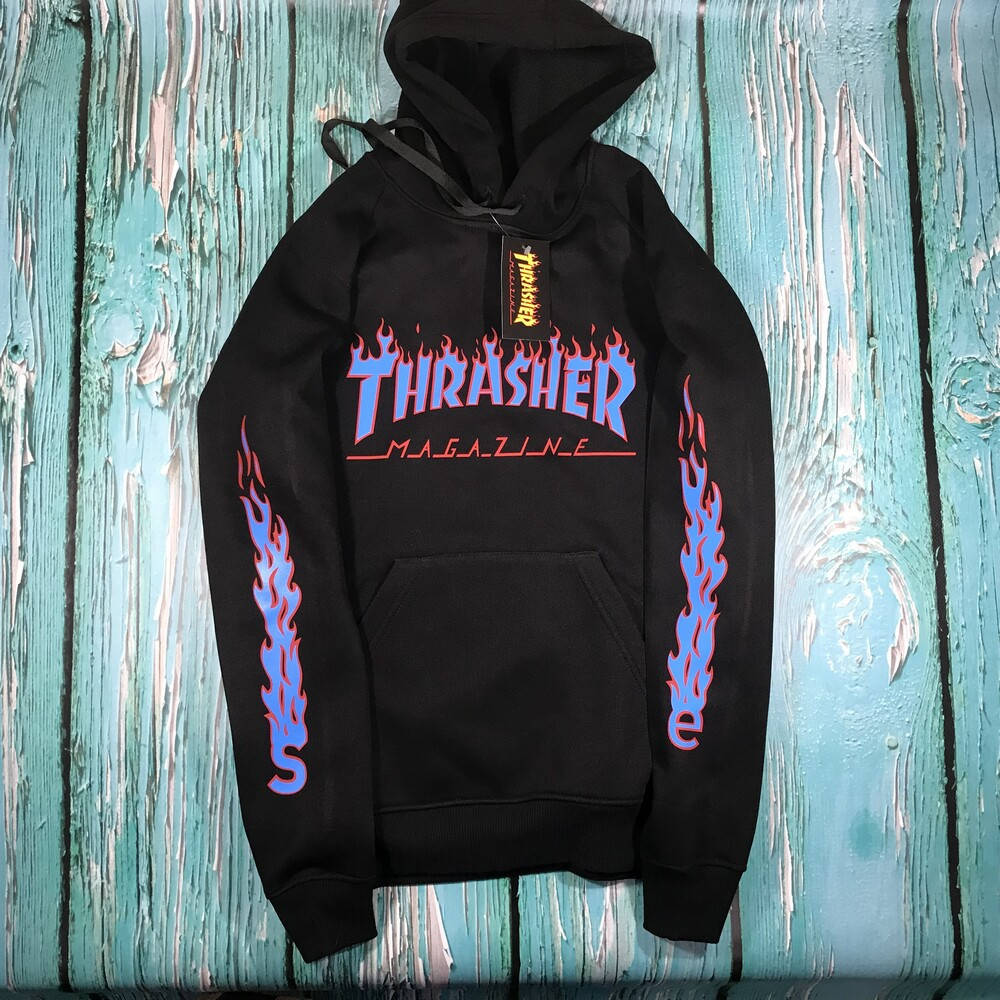 

Толстовка черная Thrasher blue fire | худи Трешер | кенгуру трашер, Разные цвета