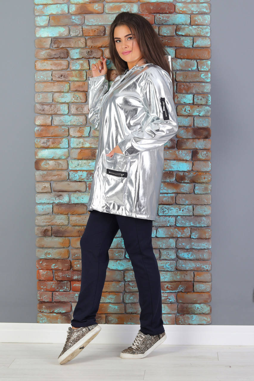 

Женский демисезонный повседневный костюм спортивного стиля костюм из эко-кожи и трикотажа размеры 48-56, Темно-синий