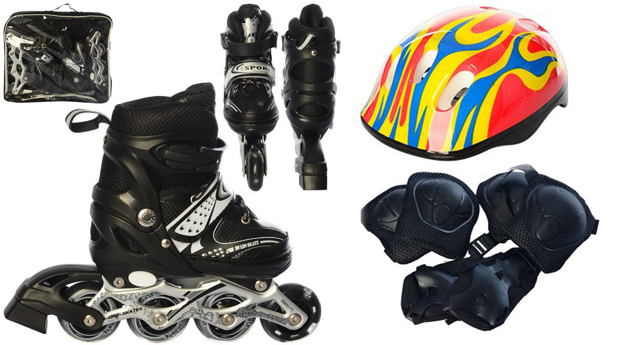 

Роликовые коньки раздвижные Sportline размер 31-34 с шлемом и защитой Черные (12100/34), Черный