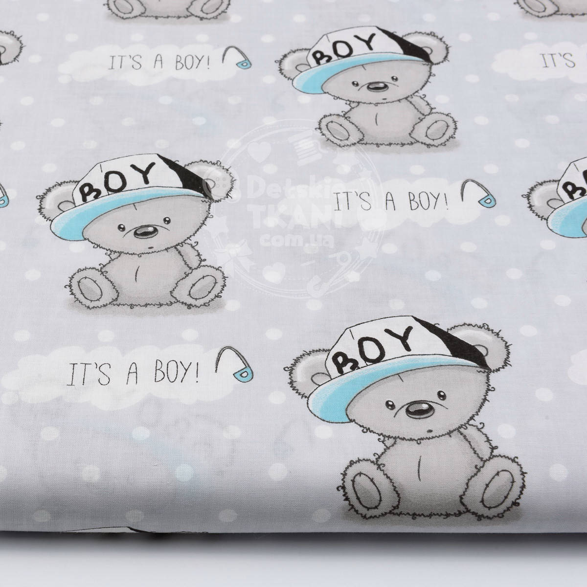 

Ткань бязь "Мишки Boy в кепке" на сером фоне №1517а, Серый