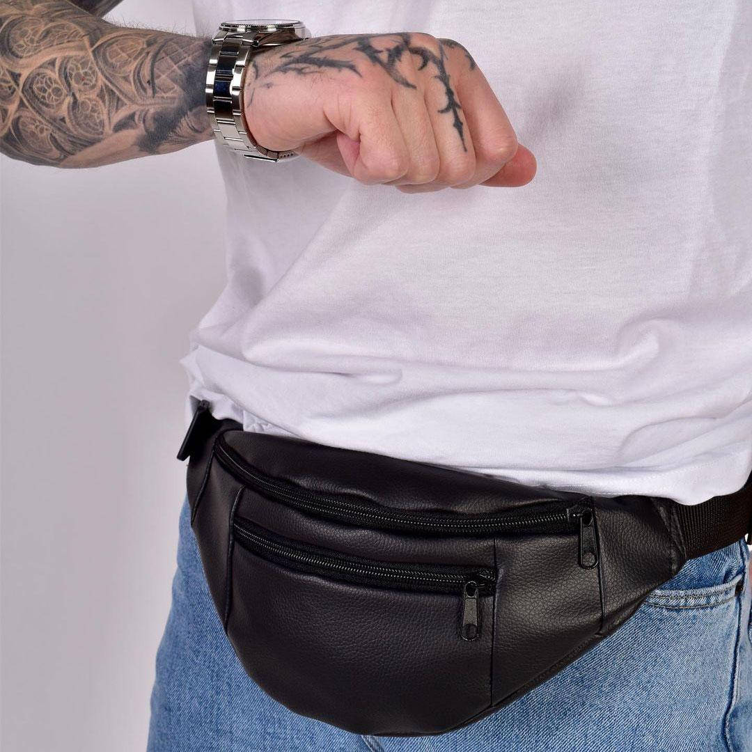 

Мужская сумка бананка барсетка черная через плечо DOUBLE ZIP поясная на грудь экокожа, Черный
