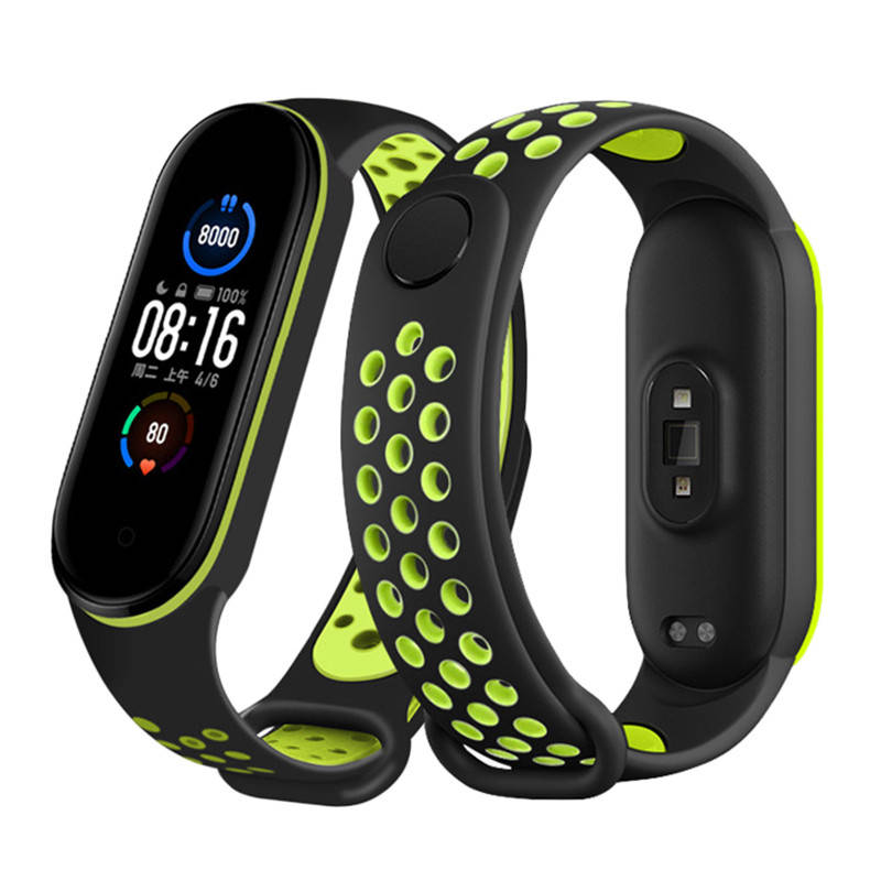 

Mi band 5 6 ремешок перфорированный спортивный Черно-салатовый