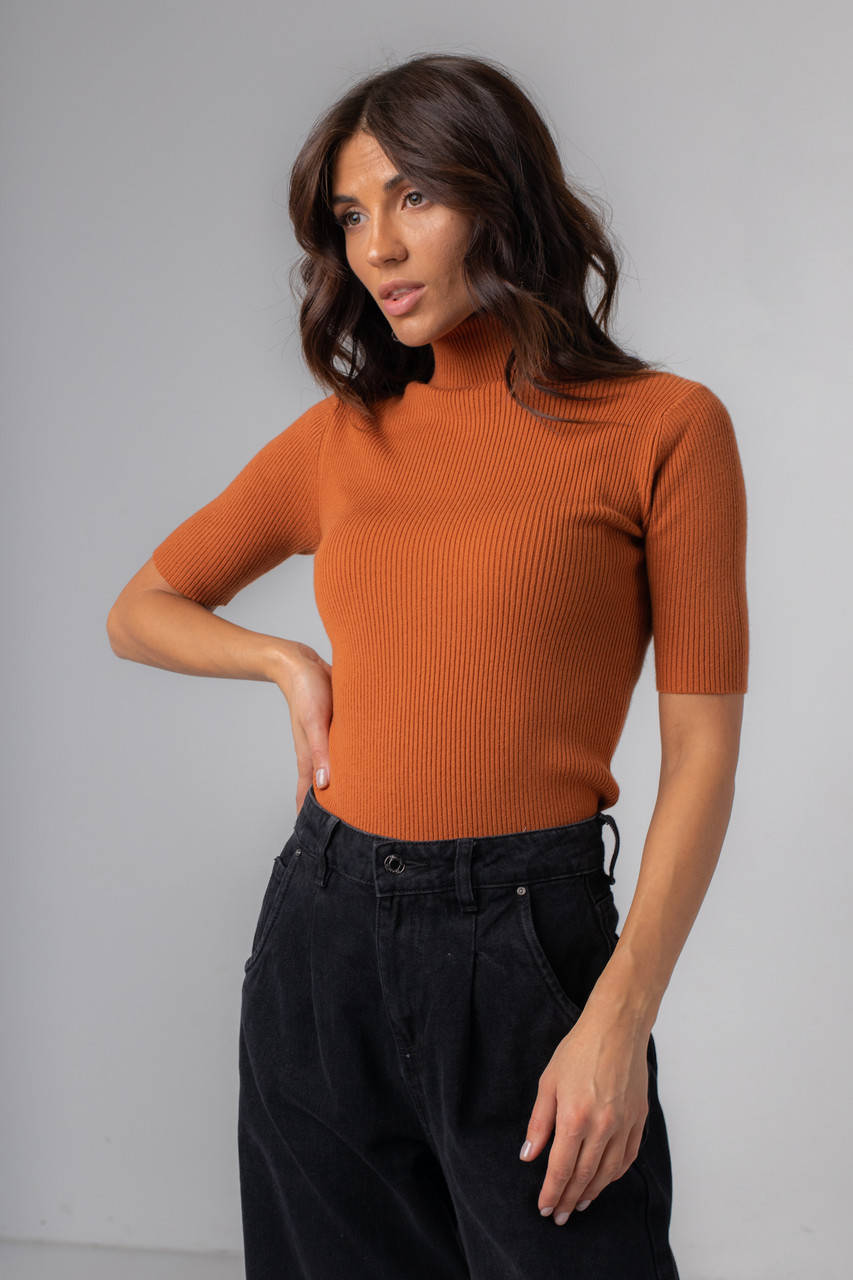 

Приталенный гольф с коротким рукавом в мелкий рубчик с высокой горловиной в размерах S/M и L/XL в 5 цветах, Кирпичный