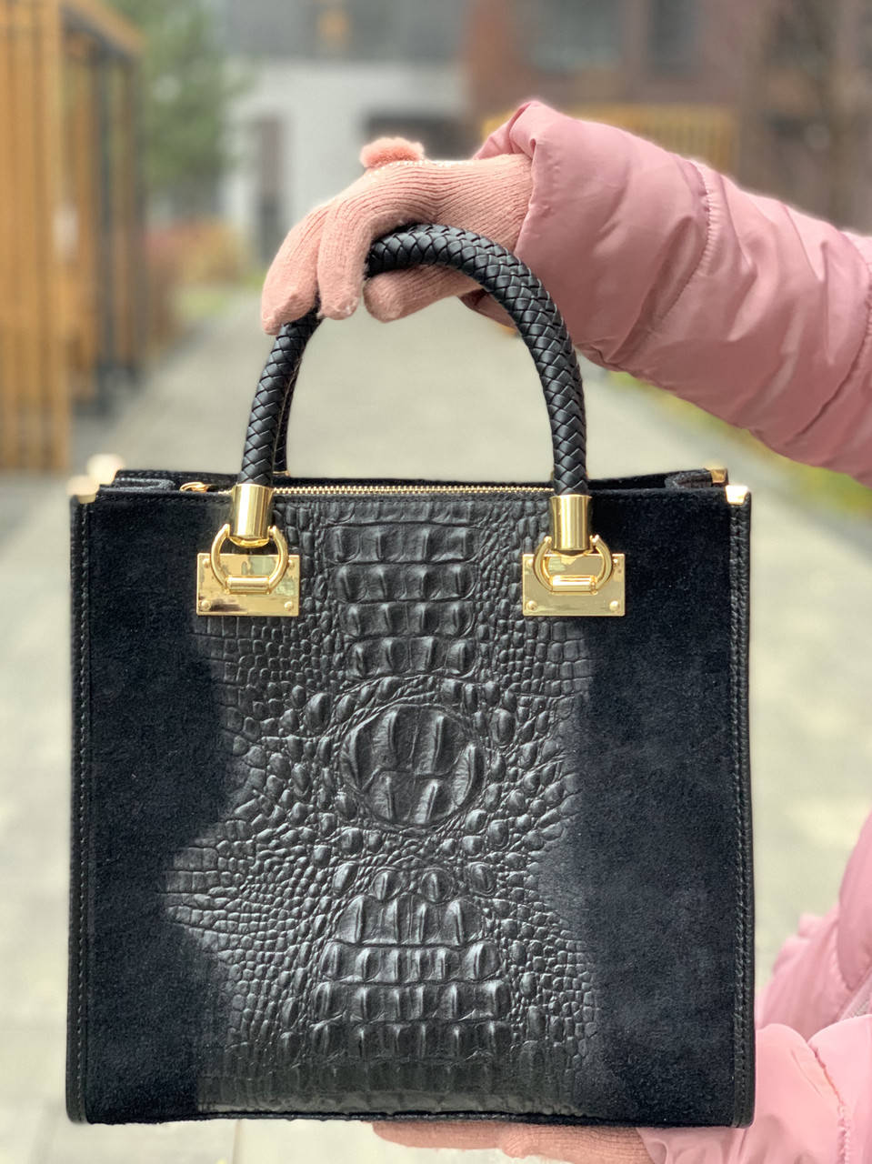 

Замшевая черная сумка с покрытием под крокодила, Италия, цвета в ассортименте, Черный