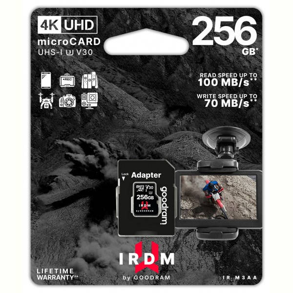 

Карта памяти MicroSDXC 256GB UHS-I/U3 Class 10 GoodRam IRDM + SD-адаптер R100/W70MB/s (IR-M3AA-2560R12)