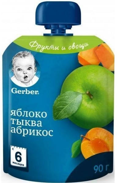 

Gerber Пюре фруктовое Яблоко, тыква, абрикос (пауч) 6м+ (90 г)