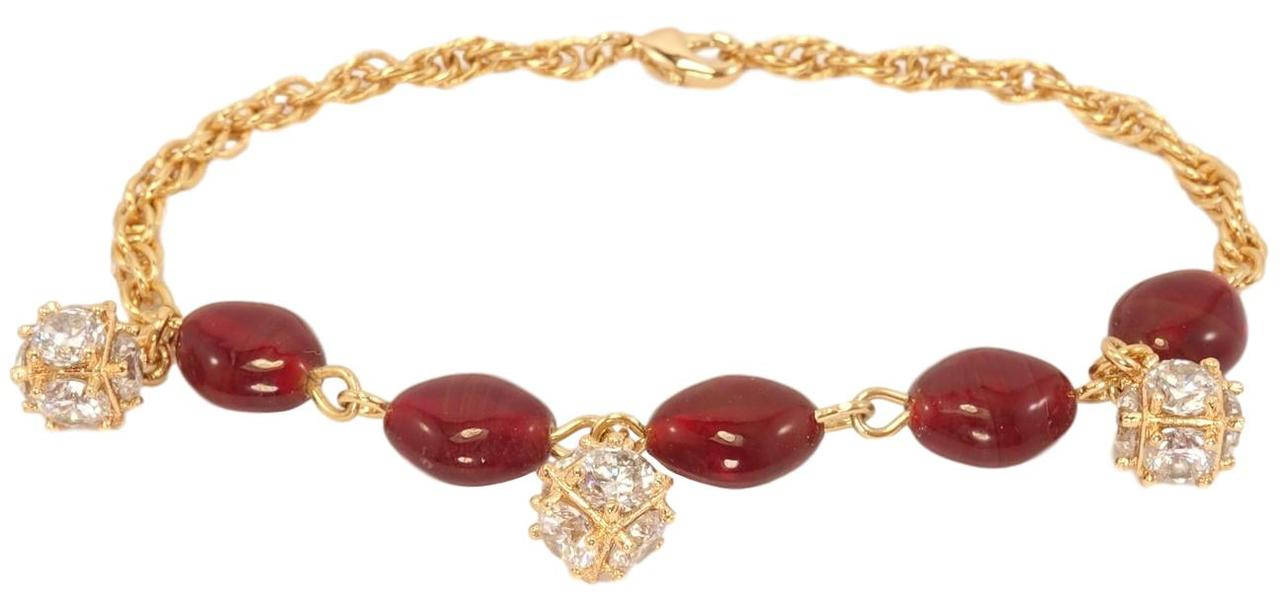 

Браслет Xuping Позолота 18K "Плетение веревка с бордовыми бусинами и кристальными подвесками" размер 18,5см