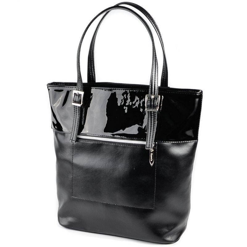 

Сумка вертикальная черная шоппер женская корзина лаковая с длинными ручками на плечо дамская сумочка на молнии, Черный