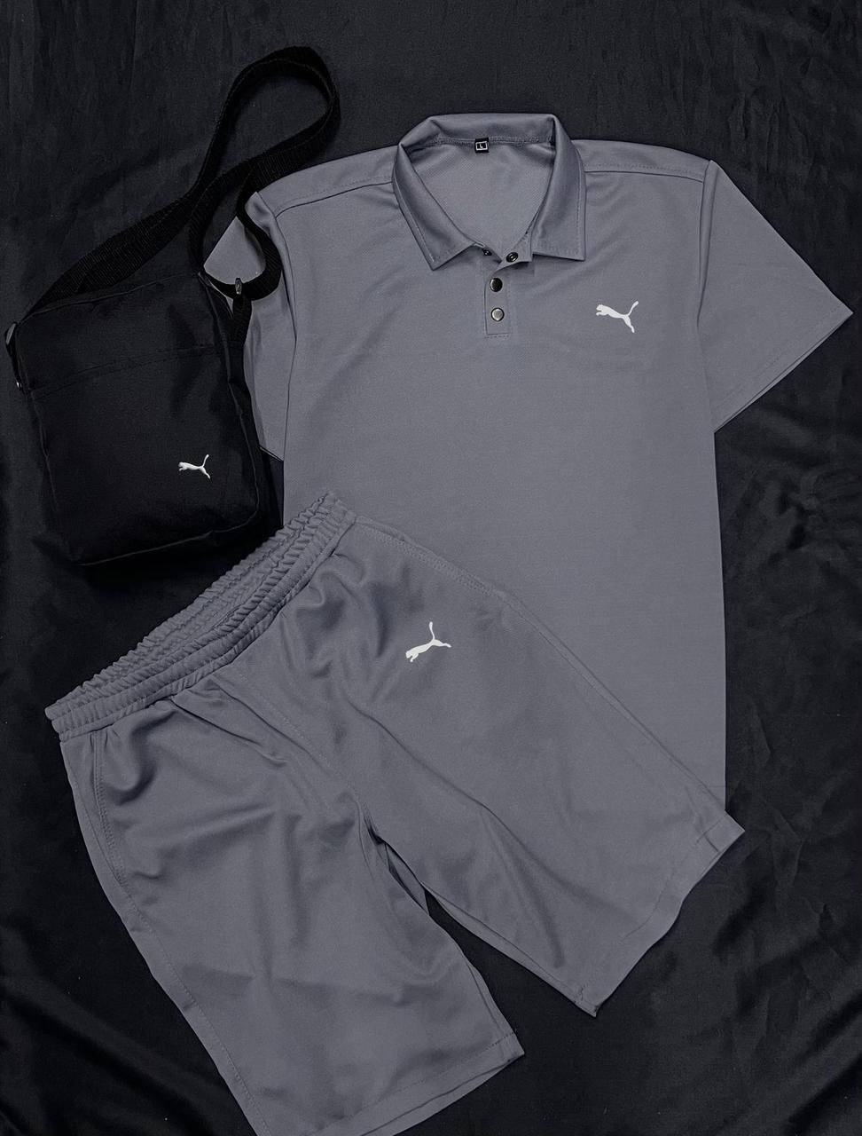 

Летний спортивный костюм поло серое Puma + серые шорты + барсетка 3 в 1 набор мужской, Серый