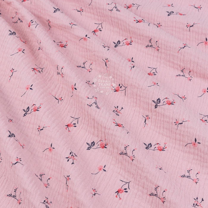 

Двухслойный жатый муслин с розово-красными цветочками на ретро-розовом фоне, ширина 135 см, Разные цвета