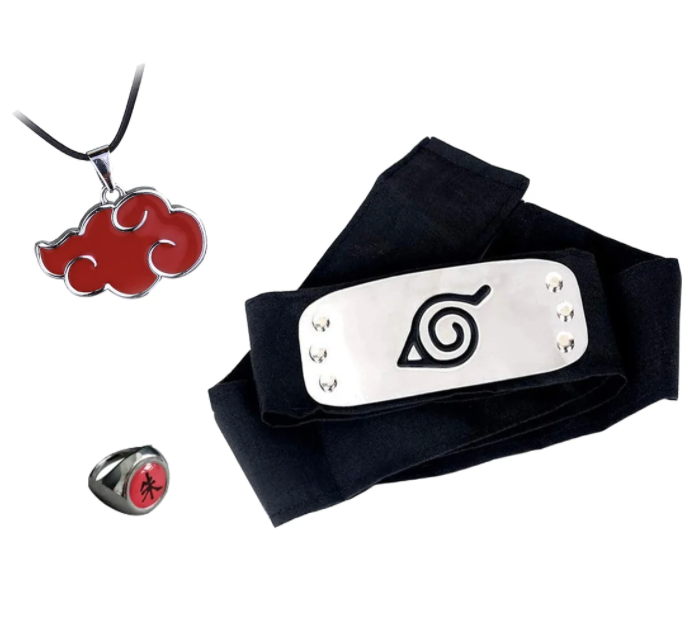 

Набор аксессуаров Наруто: Повязка "Скрытый Лист", кольцо Шаринган, цепочка Акацуки. - Naruto Set