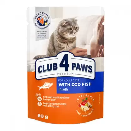 

Клуб 4 Лапы влажный корм с треской в желе для кошек 0,08кг (Клуб 4 Лапы With Cod Fish)
