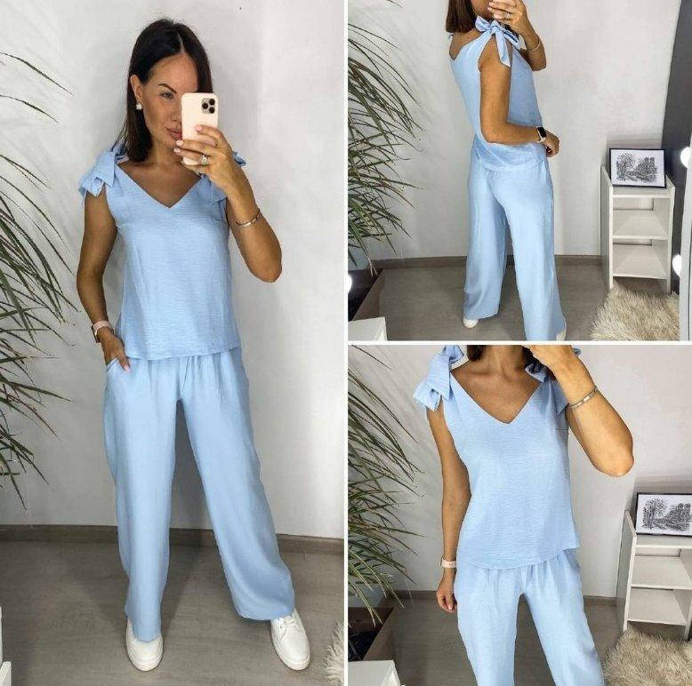 

Летний женский костюм с широкими брюками Ясмин норма и батал Голубой, 50