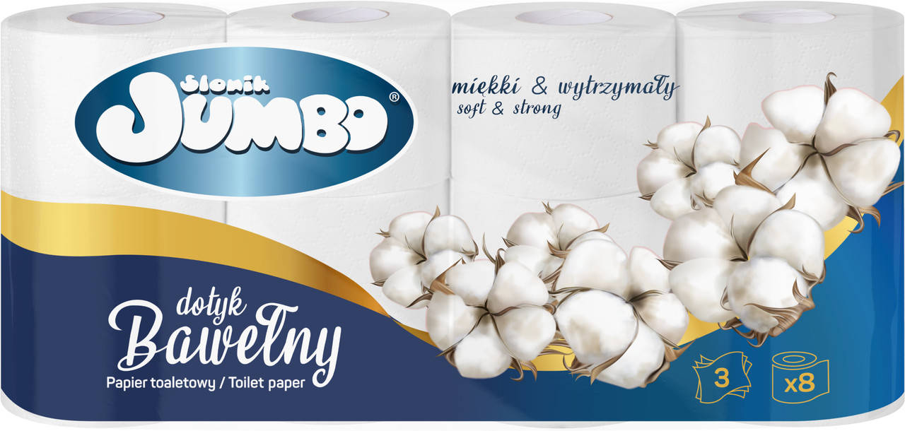 

Туалетная бумага Slonik Jumbo Хлопок трехслойная 8 рулонов, Белый