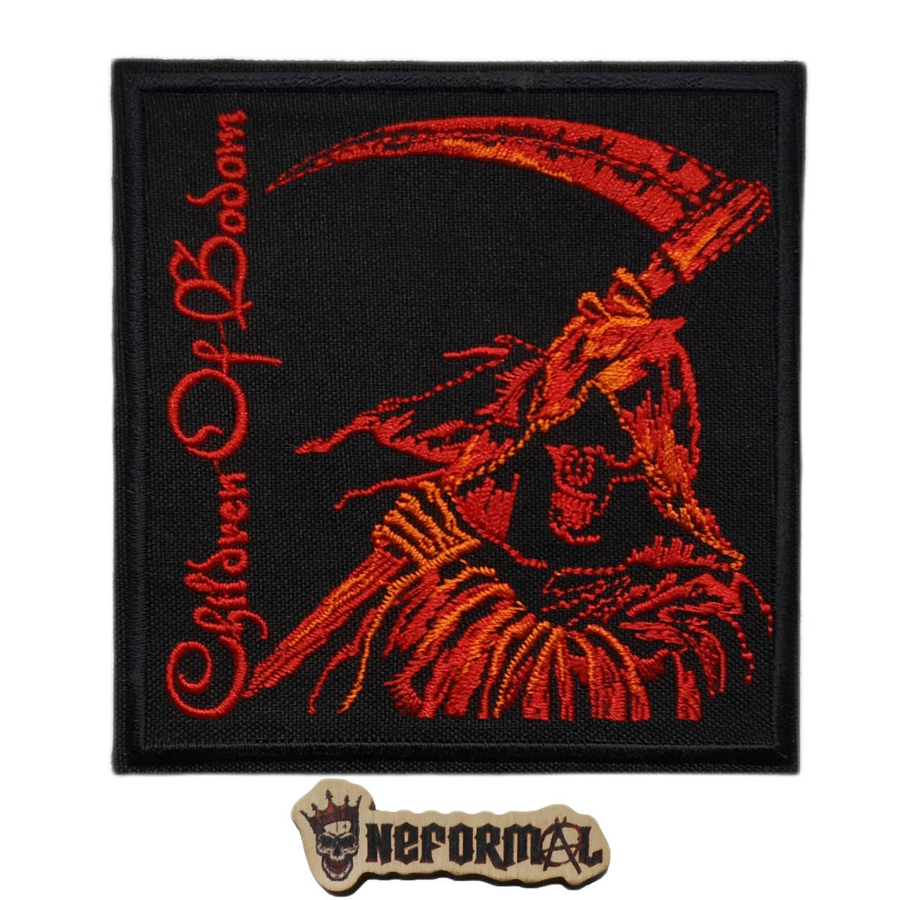 

Нашивка Children Of Bodom (смерть с косой) 10x10,3 см., Черный