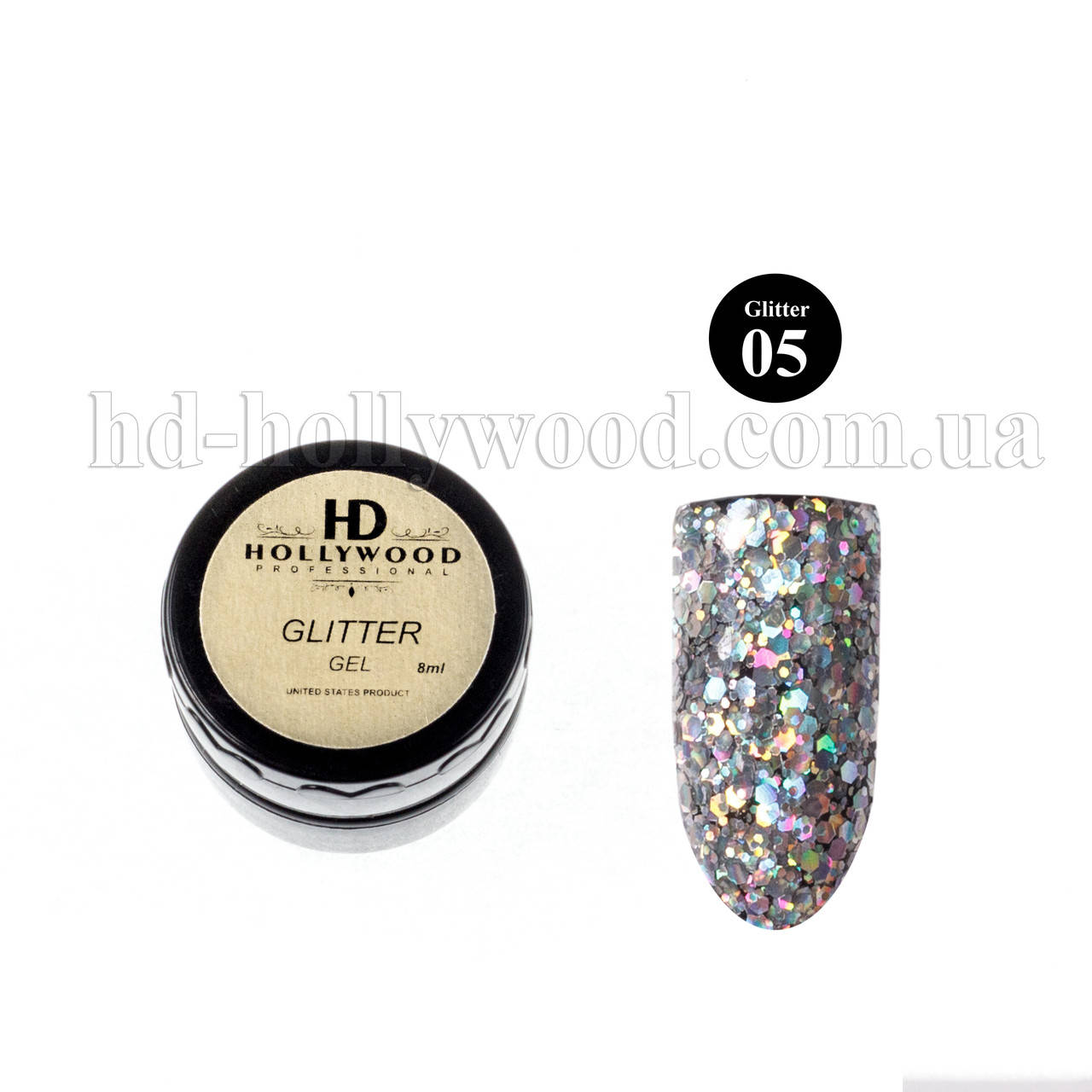 

Гель лак Серебро Глиттер гель 05 HD Hollywood 8 ml