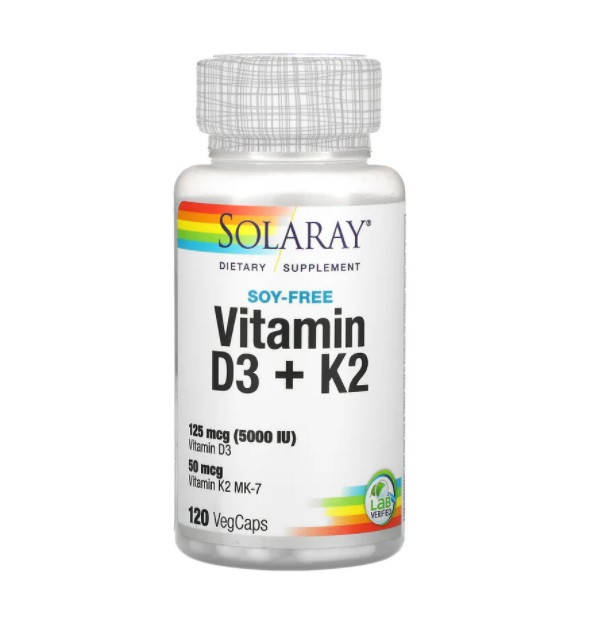 

Витамин Д3 и К2, Vitamin D-3 & K-2, Solaray, без сои, 120 капсул (SOR-57445)