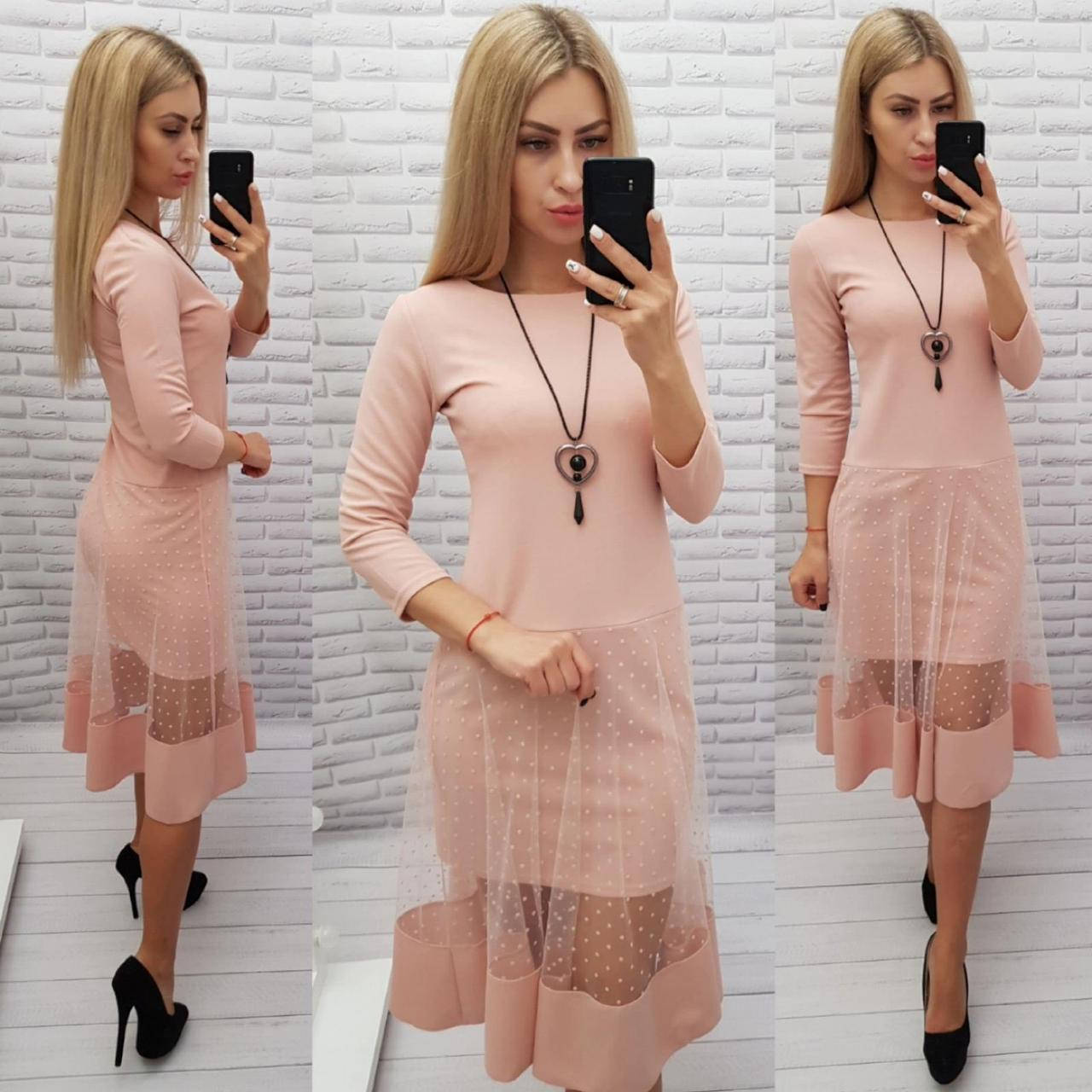 

Платье нарядное женское, креп дайвинг +сетка, арт 146, бежевая пудра