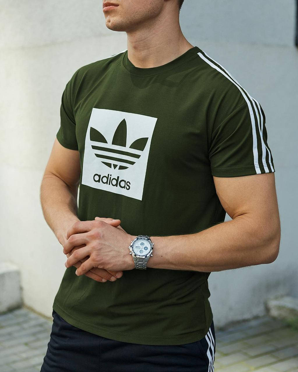 

Зелёная футболка Adidas с большим логотипом | Мужская спортивная футболка Адидас