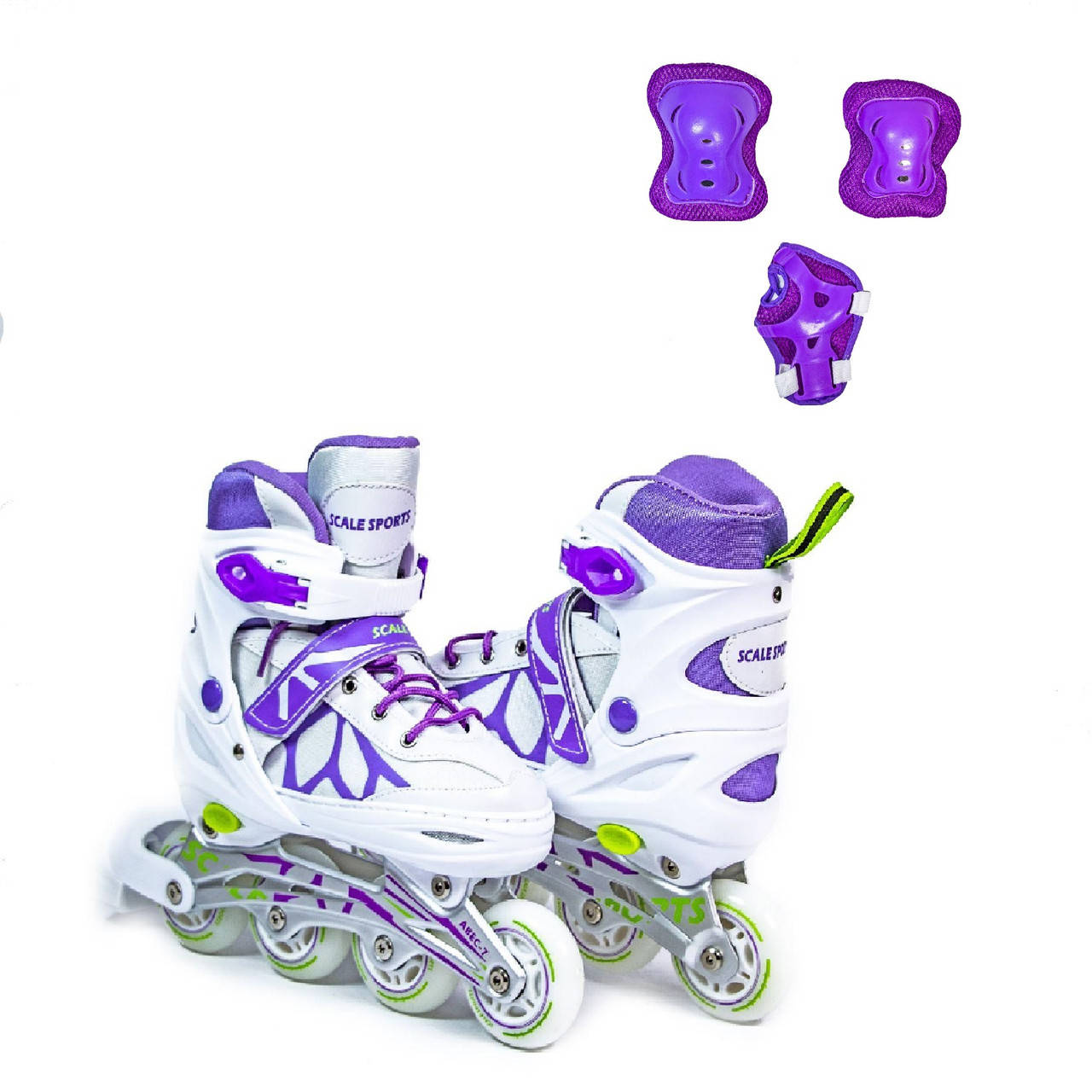 

Детские ролики Scale Sports + НАБОР ЗАЩИТЫ (на колени, локти и ладони). Бело-фиолетовые. Размер 29-33, Сиреневый