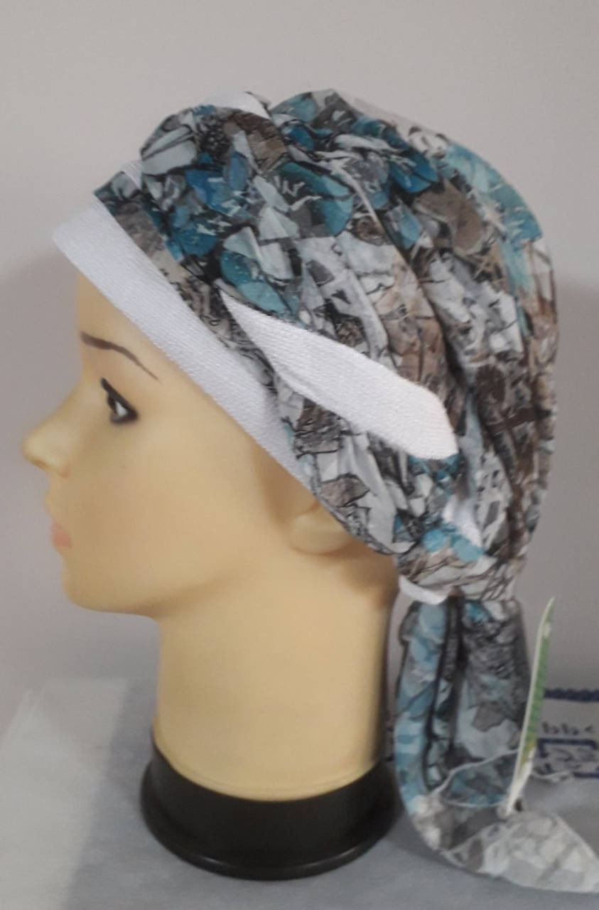 

Летняя бандана-шапка-косынка-тюрбан хлопковая с однотонным кантом бирюзовым с белым