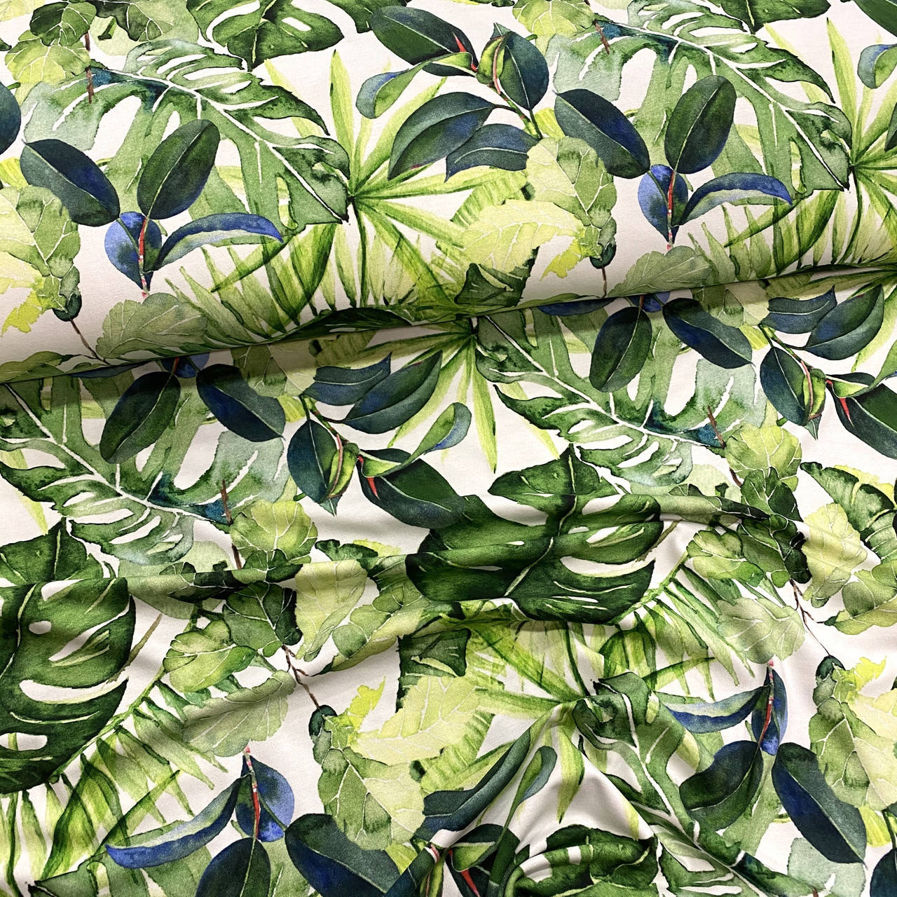 

Стрейч кулир Фикус и монстера большие на белом Состав 95% хлопок 5% эластан для футболок шортиков платьев, Белый