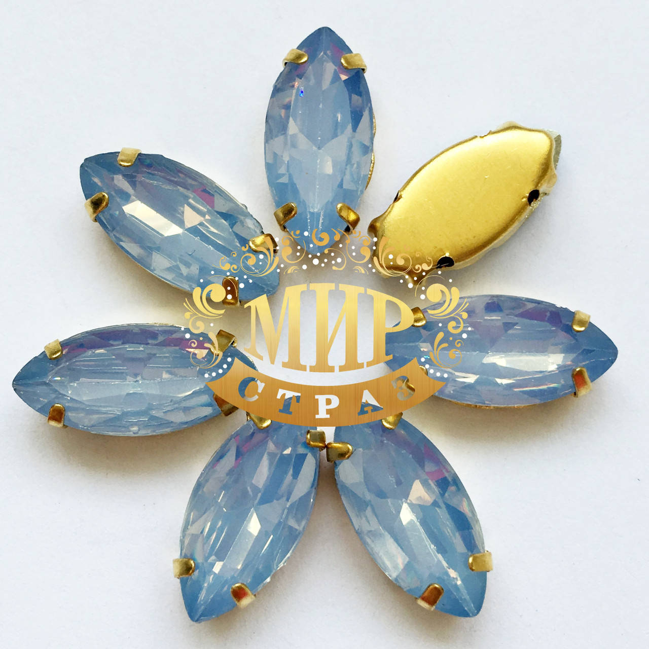 

Cтразы в золотых цапах Лодочка 7х15мм Цвет Air Blue Opal, Белый