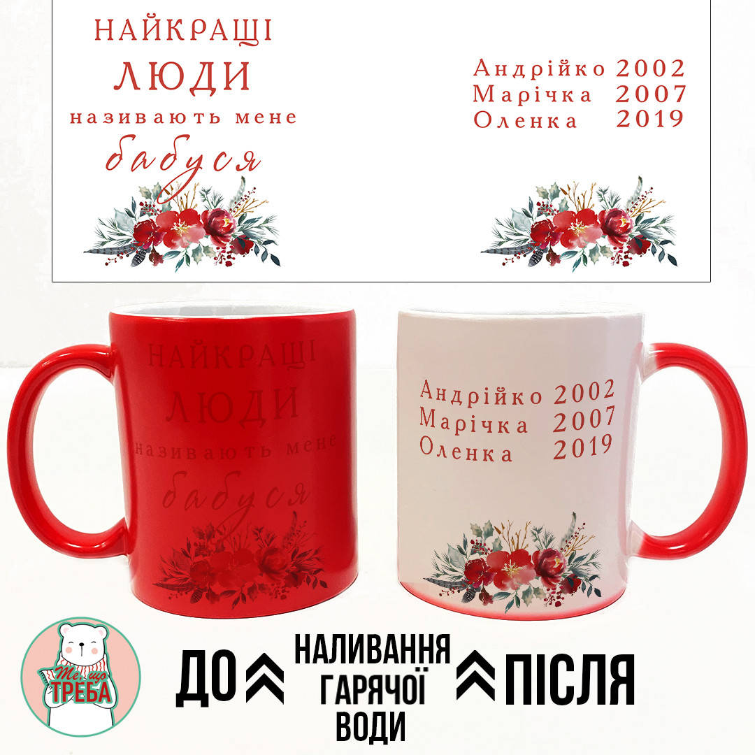 

Горнятко / чашка "Найкращі люди називають мене Бабуся" квіти ХАМЕЛЕЛОН ЧЕРВОНИЙ