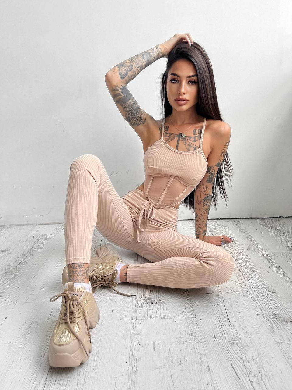

Женский костюм из трикотажа рубчик с лосинами и корсетным топом без рукава (р. 42, 44) 66KO2285Е, Бежевый