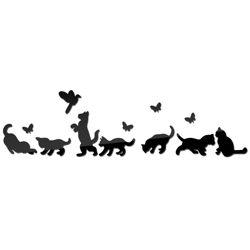 

Зеркальные наклейки на стену, в ванную, на шкаф "Семь котов, птичка и бабочки", Черный