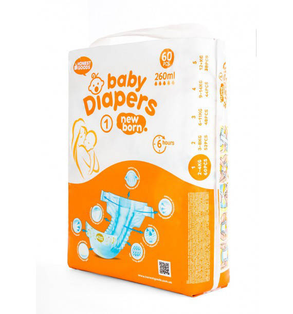 

Детский подгузник 1 New Born (2-4 кг) 60шт "Honest Goods" (Хонест Гудс)