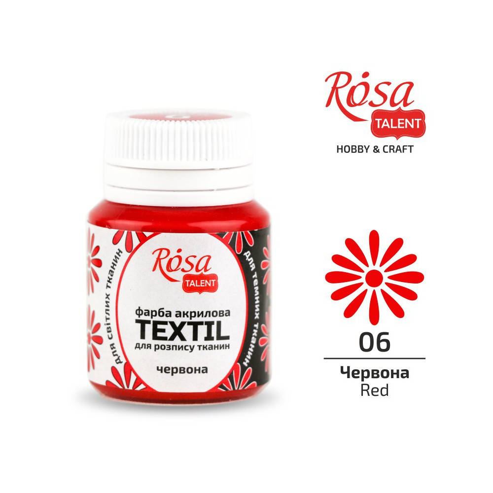 

Фарба акрилова для тканин, Червона (06), 20мл, ROSA TALENT