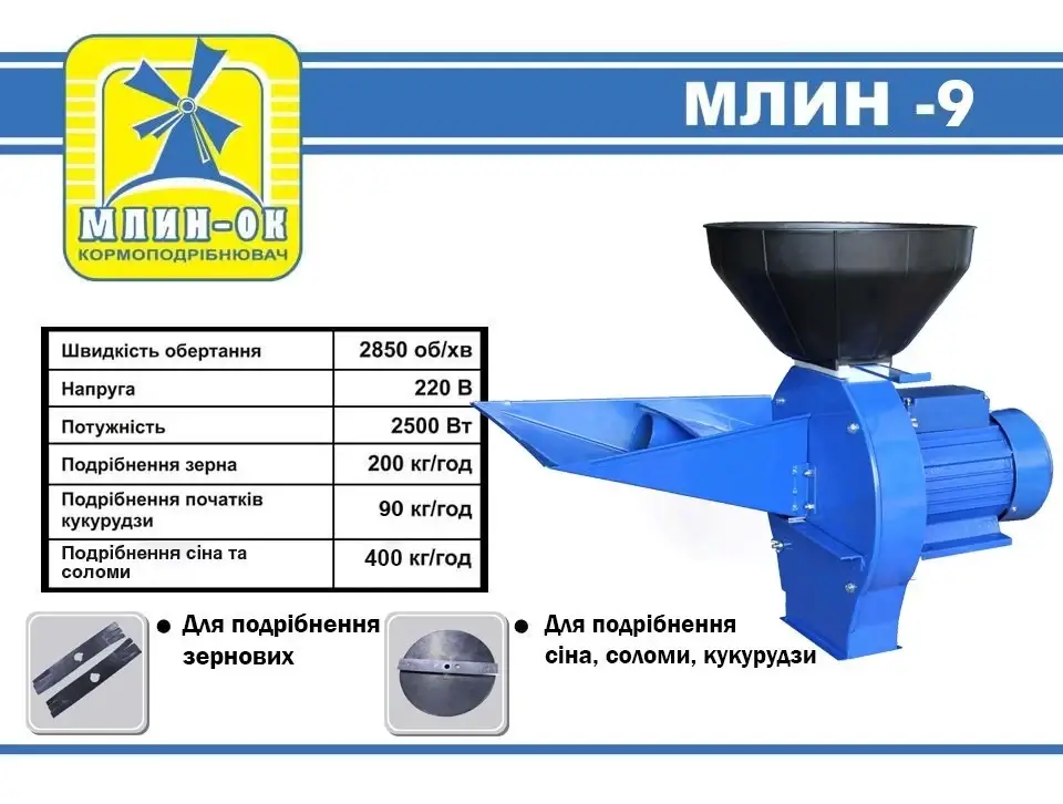 

Кормоизмельчитель МЛИН-9 Зернодробилка, Траворезка ДКУ 2,5 кВт, Зерновые, Початки кукурузы, Сено, Солома