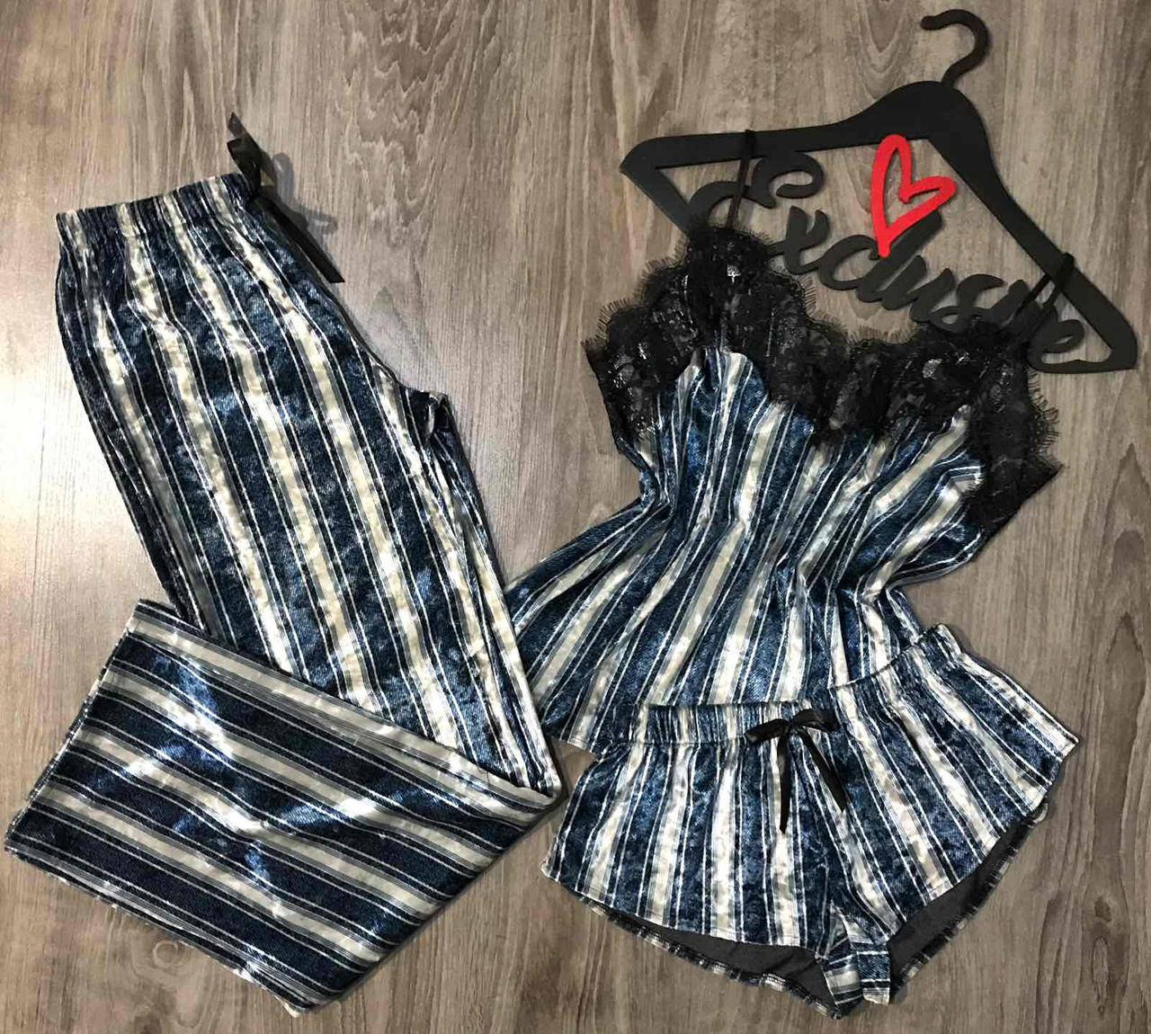 

Велюровая пижама тройка в полосочку майка+штаны+шорты.