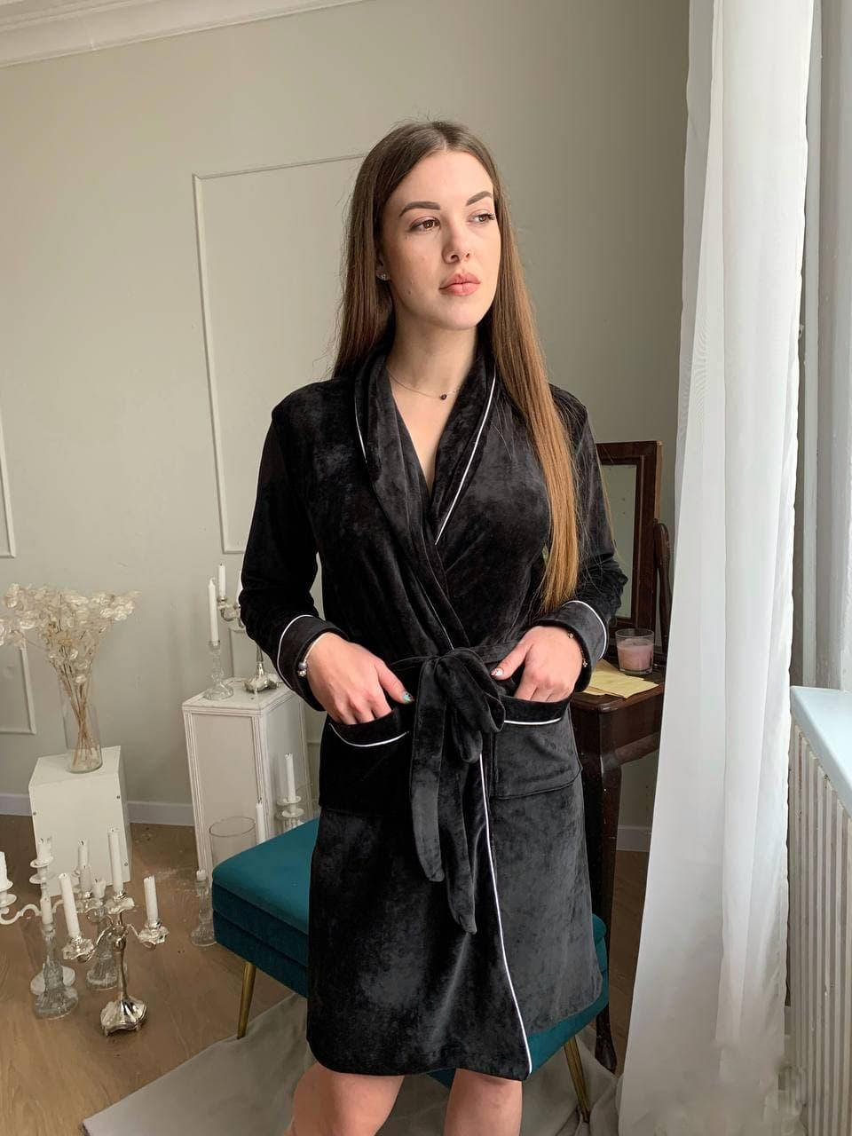 

Халат женский теплый велюровый на запах, банный халата черный короткий
